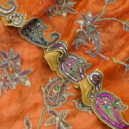 Indian Vintage wedding Heavy Orange Dupatta Tissue Silk Long Stole Hand Embroidered Scarf Zari Zardozi/Dabka