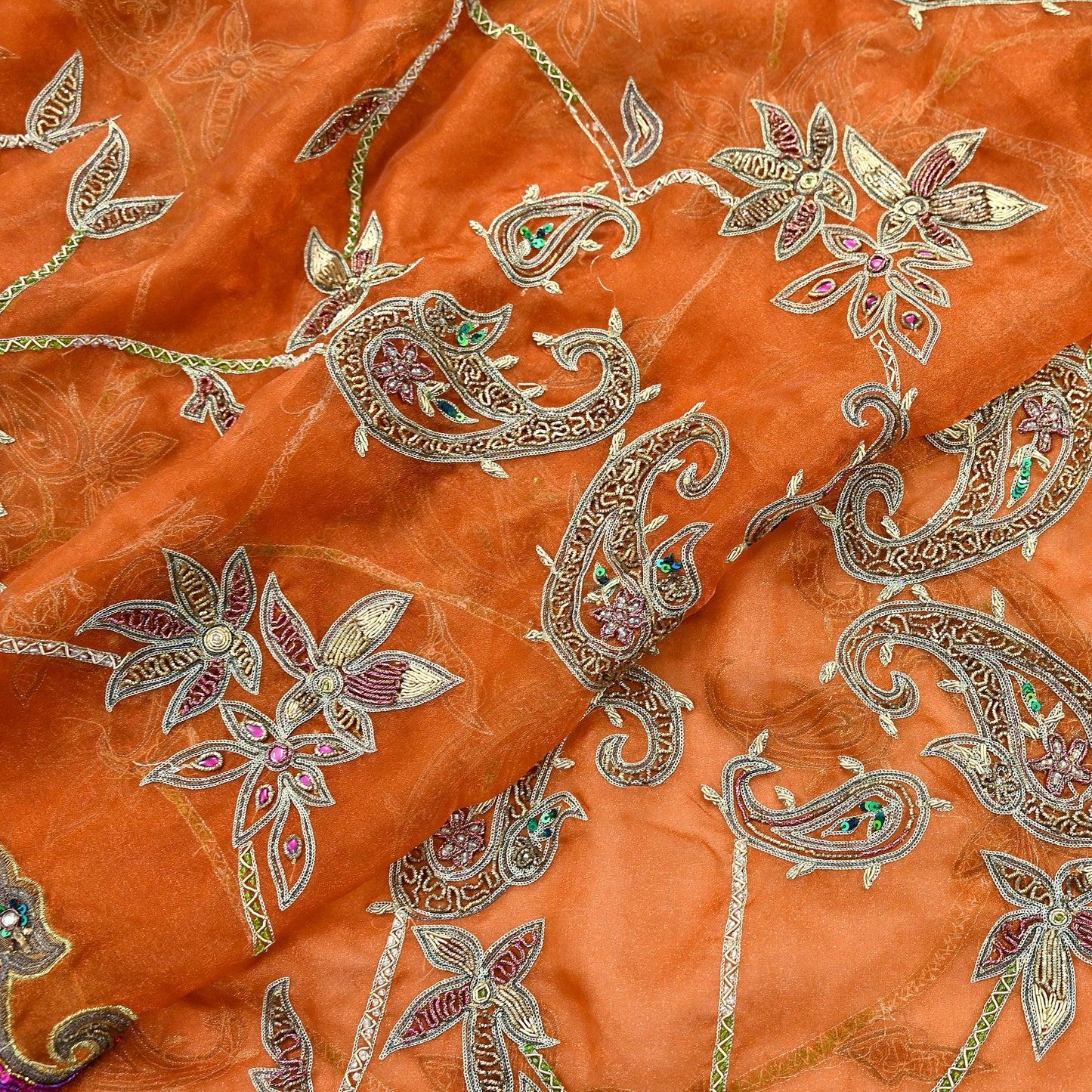 Indian Vintage wedding Heavy Orange Dupatta Tissue Silk Long Stole Hand Embroidered Scarf Zari Zardozi/Dabka
