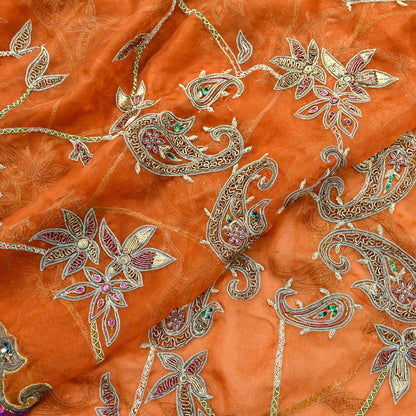 Indian Vintage wedding Heavy Orange Dupatta Tissue Silk Long Stole Hand Embroidered Scarf Zari Zardozi/Dabka