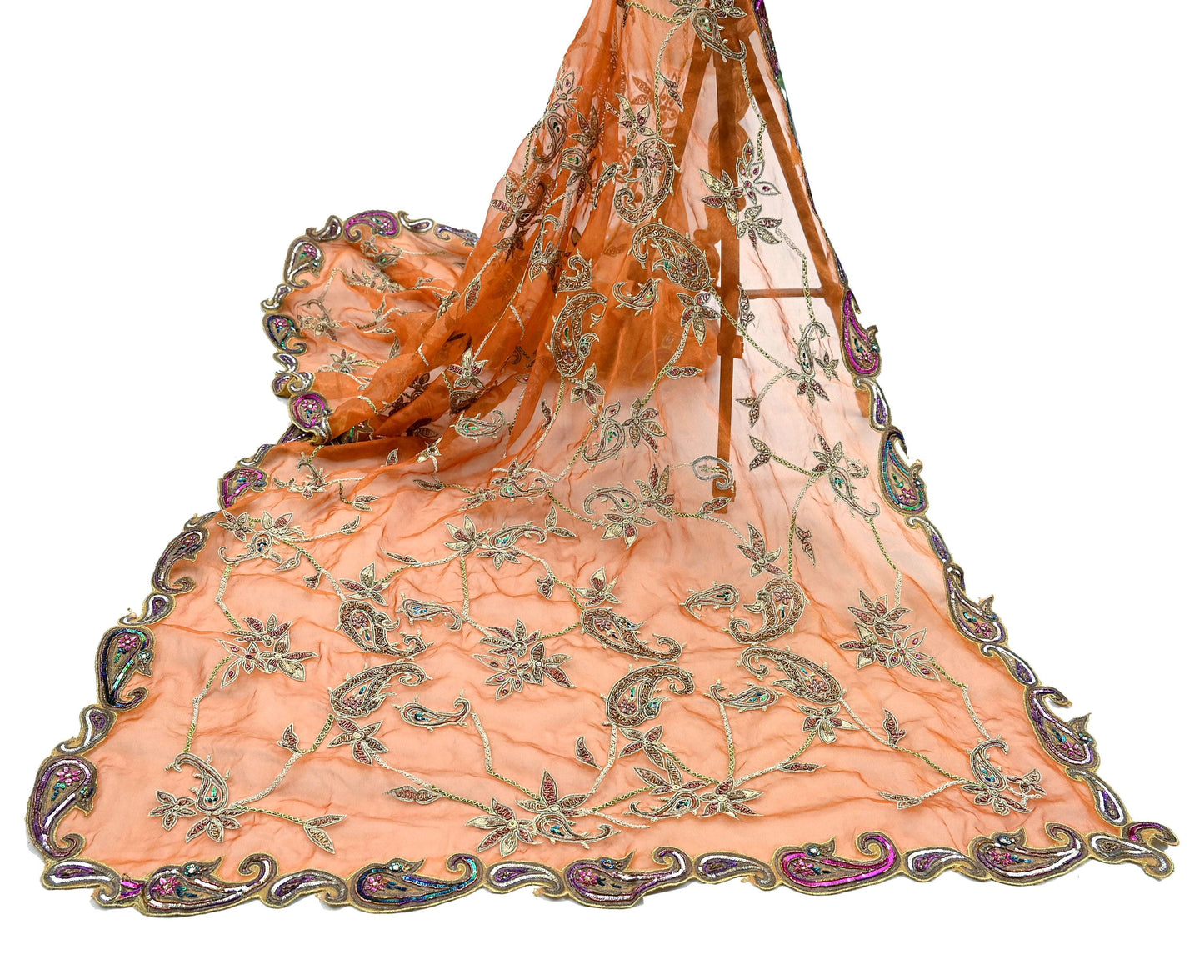 Indian Vintage wedding Heavy Orange Dupatta Tissue Silk Long Stole Hand Embroidered Scarf Zari Zardozi/Dabka