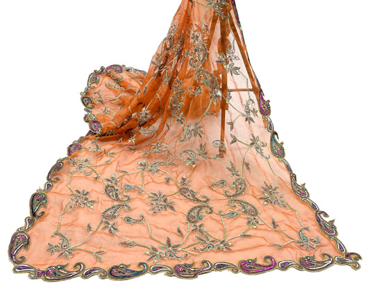 Indian Vintage wedding Heavy Orange Dupatta Tissue Silk Long Stole Hand Embroidered Scarf Zari Zardozi/Dabka