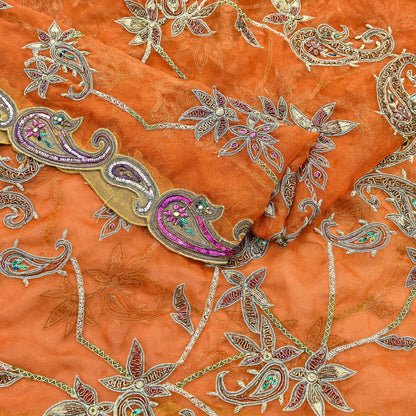 Indian Vintage wedding Heavy Orange Dupatta Tissue Silk Long Stole Hand Embroidered Scarf Zari Zardozi/Dabka