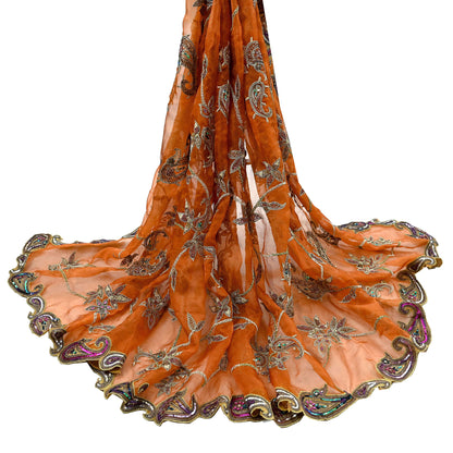 Indian Vintage wedding Heavy Orange Dupatta Tissue Silk Long Stole Hand Embroidered Scarf Zari Zardozi/Dabka
