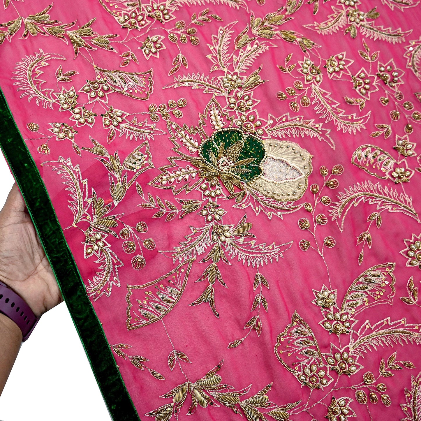 Indian Vintage Bridal Heavy Pink Dupatta American Georgette Long Stole Hand Embroidered Scarves Zari Zardozi Bollywood Wedding Veil Hijab