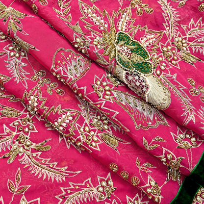 Indian Vintage Bridal Heavy Pink Dupatta American Georgette Long Stole Hand Embroidered Scarves Zari Zardozi Bollywood Wedding Veil Hijab