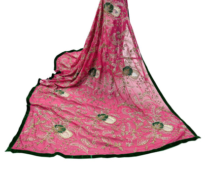 Indian Vintage Bridal Heavy Pink Dupatta American Georgette Long Stole Hand Embroidered Scarves Zari Zardozi Bollywood Wedding Veil Hijab