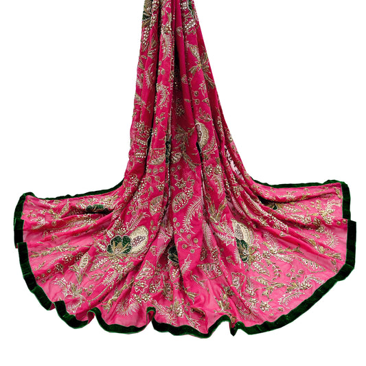Indian Vintage Bridal Heavy Pink Dupatta American Georgette Long Stole Hand Embroidered Scarves Zari Zardozi Bollywood Wedding Veil Hijab