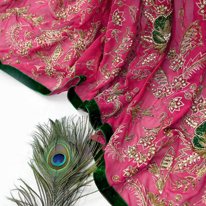 Indian Vintage Bridal Heavy Pink Dupatta American Georgette Long Stole Hand Embroidered Scarves Zari Zardozi Bollywood Wedding Veil Hijab