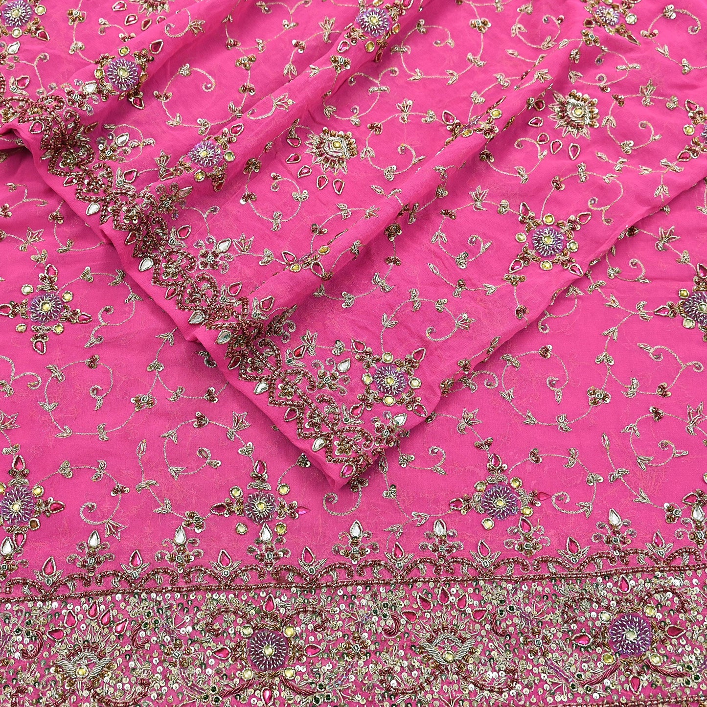 Indian Vintage Heavy Pink Bridal Dupatta Pure Georgette Silk Hand Embroidered Zardozi, Dabka, Zari Work Party Wear Long Stole