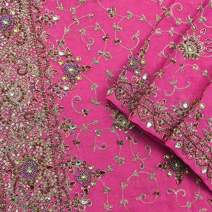 Indian Vintage Heavy Pink Bridal Dupatta Pure Georgette Silk Hand Embroidered Zardozi, Dabka, Zari Work Party Wear Long Stole