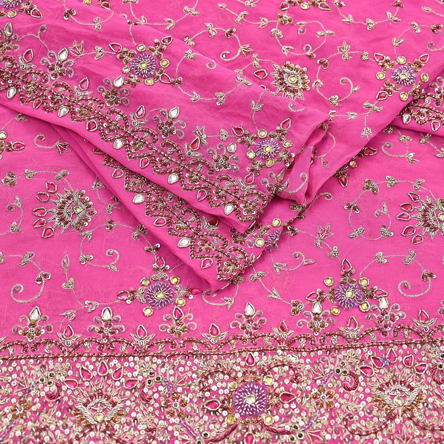 Indian Vintage Heavy Pink Bridal Dupatta Pure Georgette Silk Hand Embroidered Zardozi, Dabka, Zari Work Party Wear Long Stole
