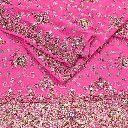 Indian Vintage Heavy Pink Bridal Dupatta Pure Georgette Silk Hand Embroidered Zardozi, Dabka, Zari Work Party Wear Long Stole