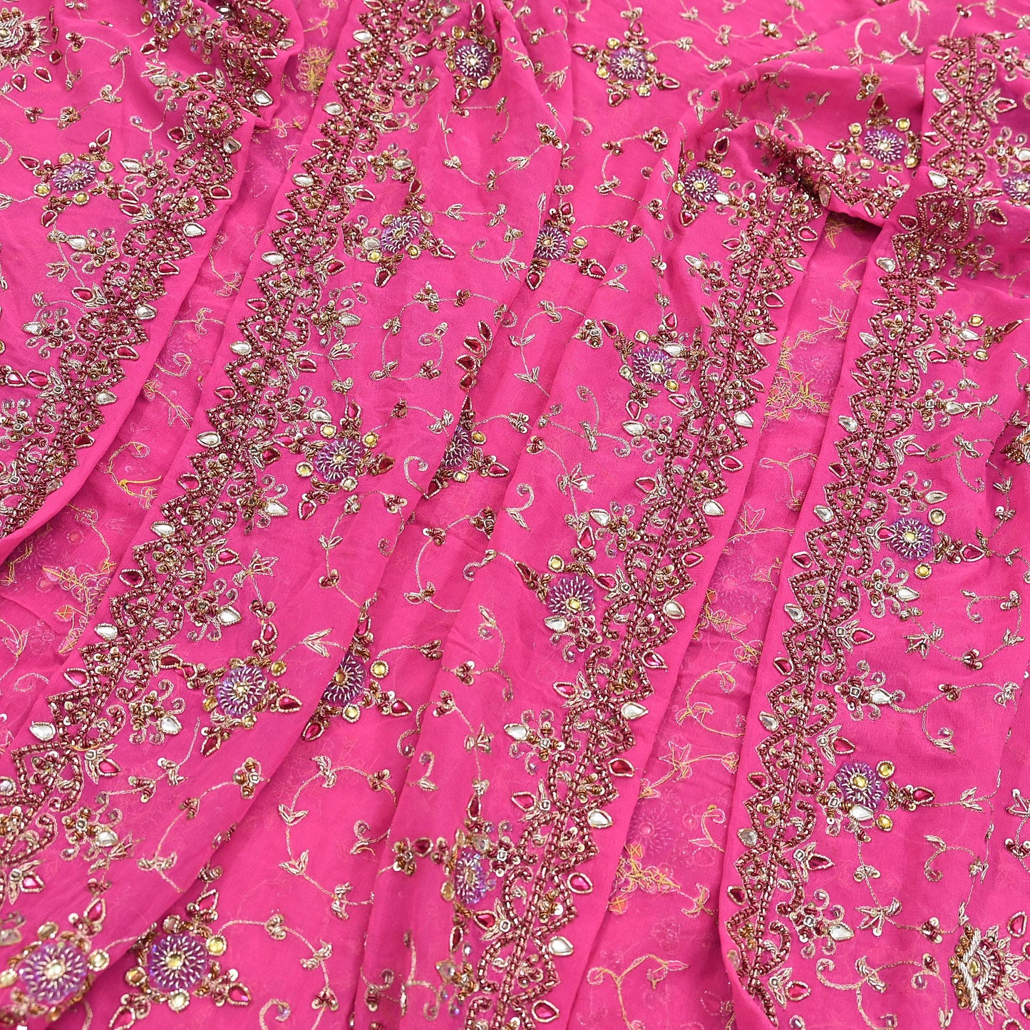 Indian Vintage Heavy Pink Bridal Dupatta Pure Georgette Silk Hand Embroidered Zardozi, Dabka, Zari Work Party Wear Long Stole