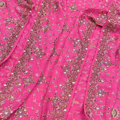 Indian Vintage Heavy Pink Bridal Dupatta Pure Georgette Silk Hand Embroidered Zardozi, Dabka, Zari Work Party Wear Long Stole