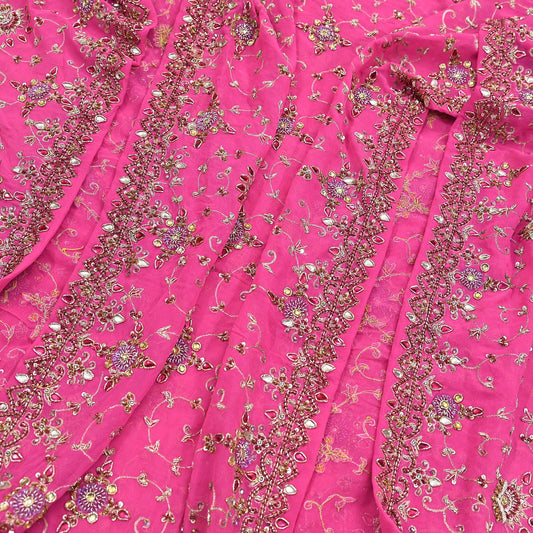 Indian Vintage Heavy Pink Bridal Dupatta Pure Georgette Silk Hand Embroidered Zardozi, Dabka, Zari Work Party Wear Long Stole