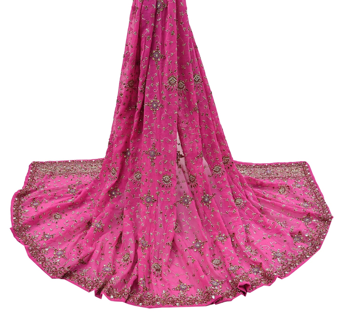 Indian Vintage Heavy Pink Bridal Dupatta Pure Georgette Silk Hand Embroidered Zardozi, Dabka, Zari Work Party Wear Long Stole