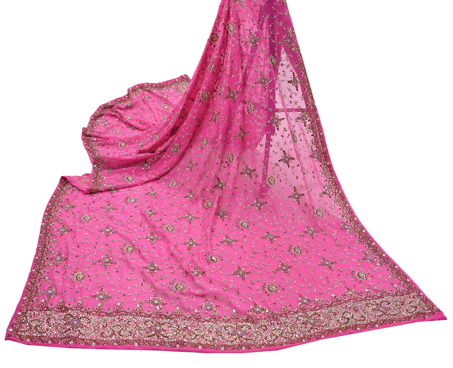 Indian Vintage Heavy Pink Bridal Dupatta Pure Georgette Silk Hand Embroidered Zardozi, Dabka, Zari Work Party Wear Long Stole