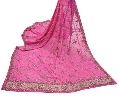 Indian Vintage Heavy Pink Bridal Dupatta Pure Georgette Silk Hand Embroidered Zardozi, Dabka, Zari Work Party Wear Long Stole