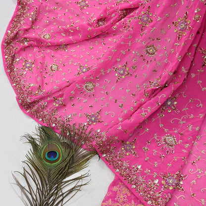 Indian Vintage Heavy Pink Bridal Dupatta Pure Georgette Silk Hand Embroidered Zardozi, Dabka, Zari Work Party Wear Long Stole