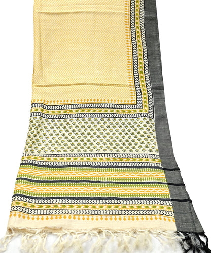 Vintage Yellow & Beige Long Stole Pure Woolen Scarf Printed Dupatta Infinity Scarves Sarong Wrap Veil Woman Hijab Shawl Craft Fabric Fringes