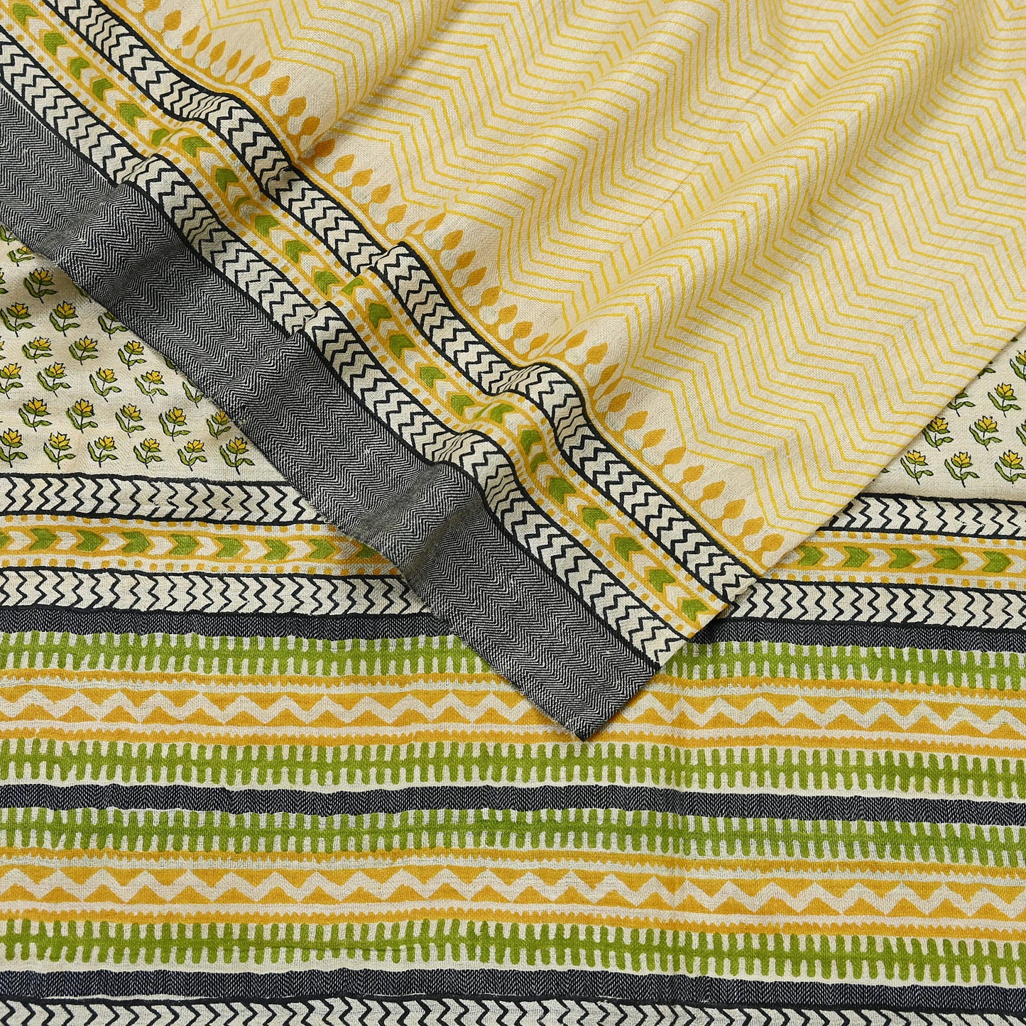 Vintage Yellow & Beige Long Stole Pure Woolen Scarf Printed Dupatta Infinity Scarves Sarong Wrap Veil Woman Hijab Shawl Craft Fabric Fringes