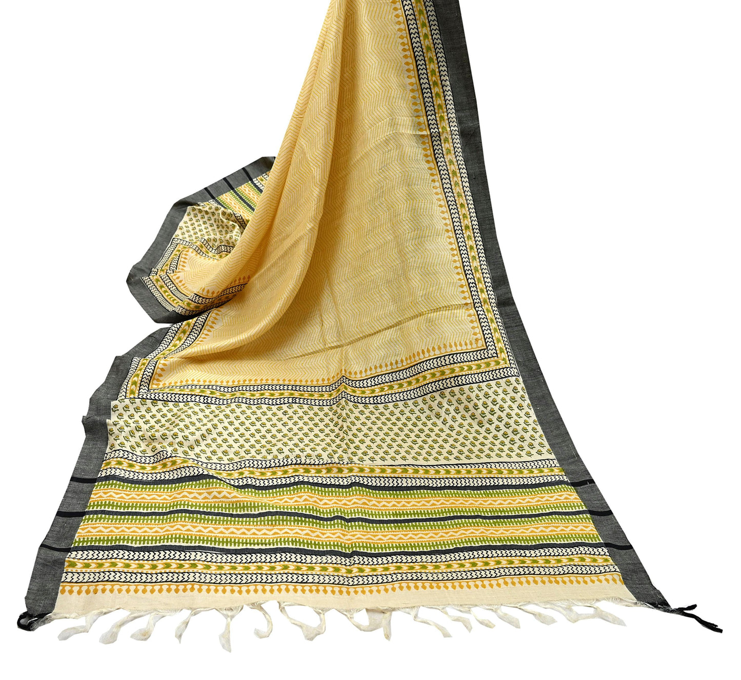 Vintage Yellow & Beige Long Stole Pure Woolen Scarf Printed Dupatta Infinity Scarves Sarong Wrap Veil Woman Hijab Shawl Craft Fabric Fringes