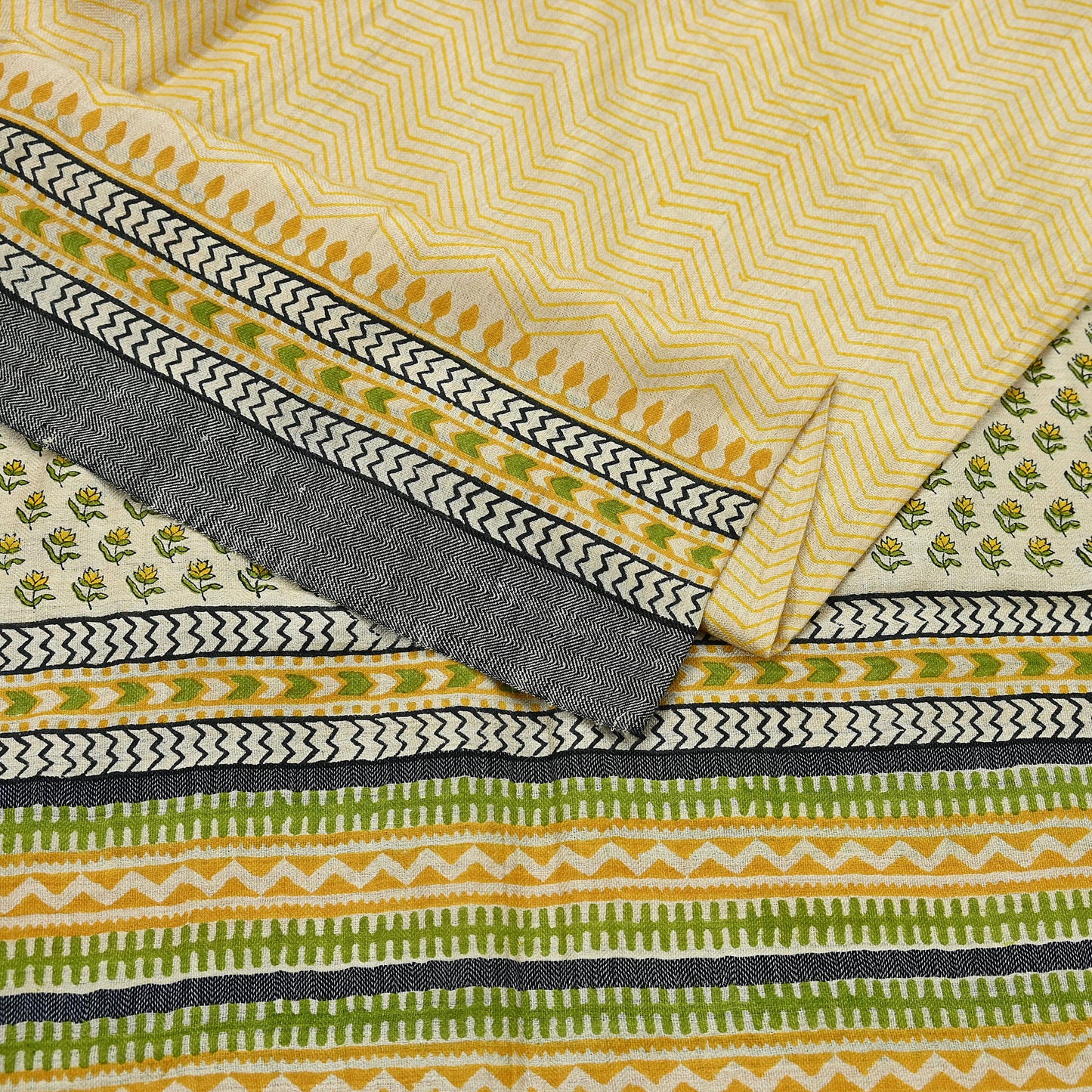 Vintage Yellow & Beige Long Stole Pure Woolen Scarf Printed Dupatta Infinity Scarves Sarong Wrap Veil Woman Hijab Shawl Craft Fabric Fringes