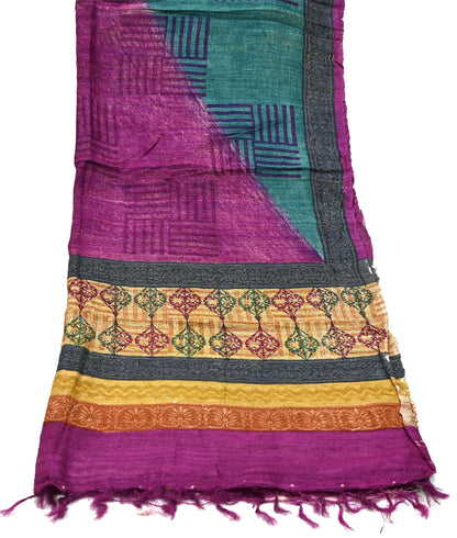Indian Vintage Green & Purple Dupatta Long Stole 100% Pure Khadi Silk Hand Woven/ Printed Scarves Veil Scarf Wrap Hippie Fringes