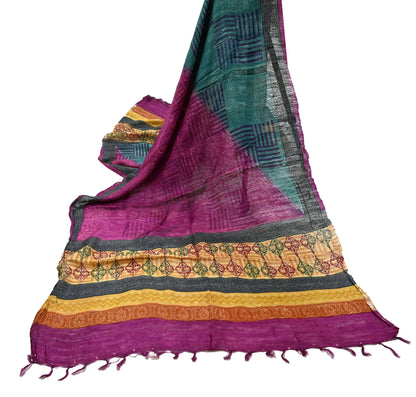 Indian Vintage Green & Purple Dupatta Long Stole 100% Pure Khadi Silk Hand Woven/ Printed Scarves Veil Scarf Wrap Hippie Fringes