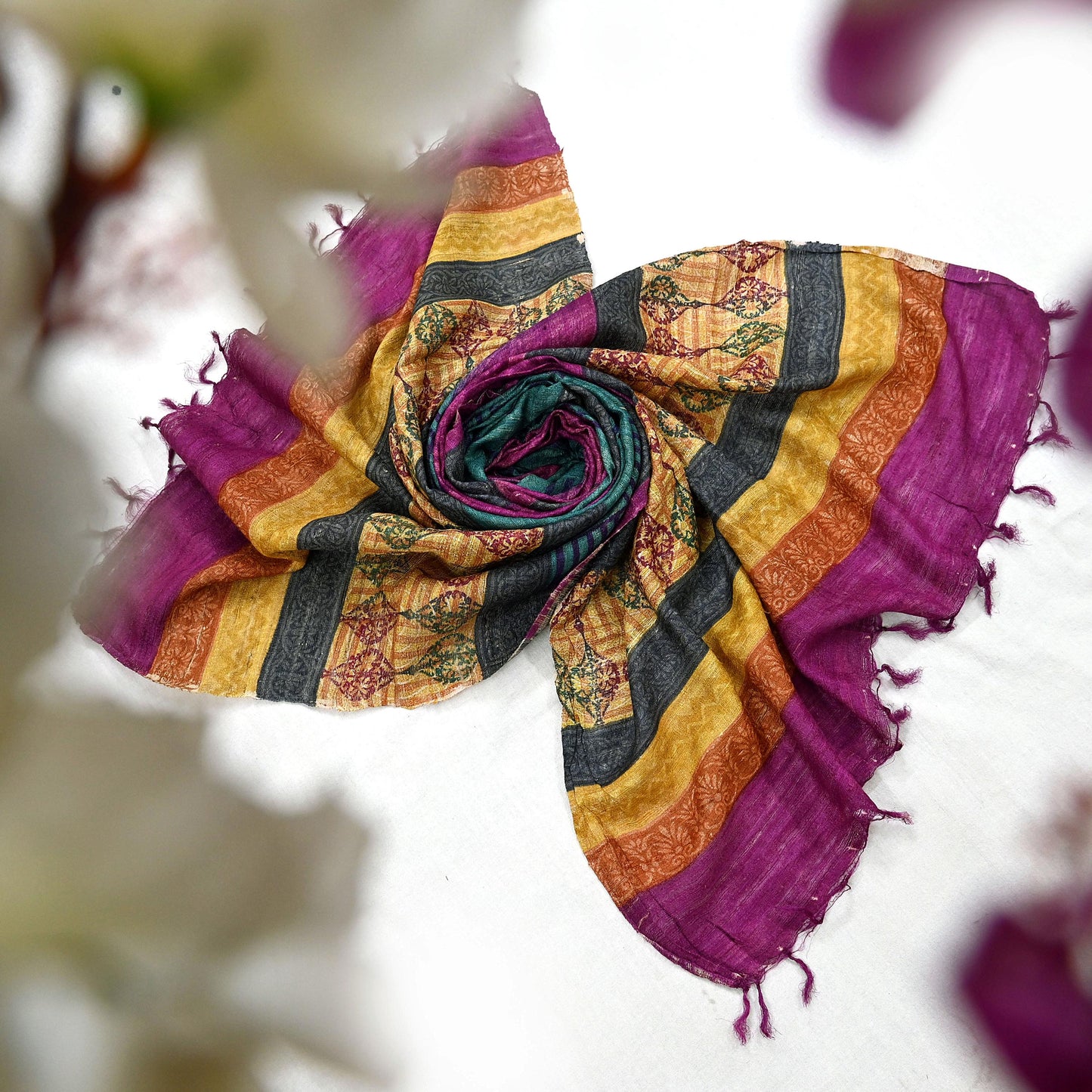 Indian Vintage Green & Purple Dupatta Long Stole 100% Pure Khadi Silk Hand Woven/ Printed Scarves Veil Scarf Wrap Hippie Fringes