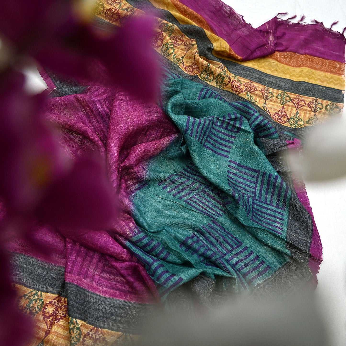 Indian Vintage Green & Purple Dupatta Long Stole 100% Pure Khadi Silk Hand Woven/ Printed Scarves Veil Scarf Wrap Hippie Fringes