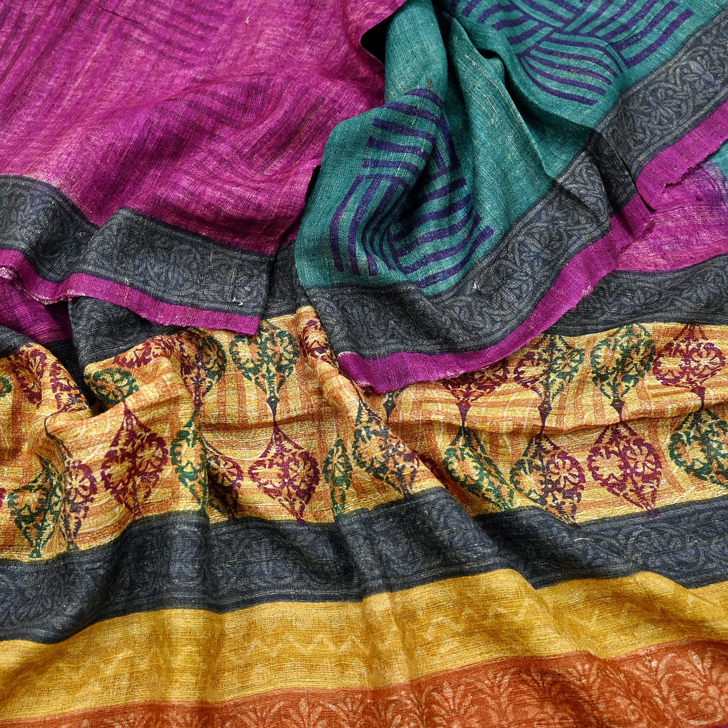 Indian Vintage Green & Purple Dupatta Long Stole 100% Pure Khadi Silk Hand Woven/ Printed Scarves Veil Scarf Wrap Hippie Fringes