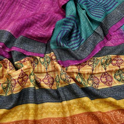 Indian Vintage Green & Purple Dupatta Long Stole 100% Pure Khadi Silk Hand Woven/ Printed Scarves Veil Scarf Wrap Hippie Fringes