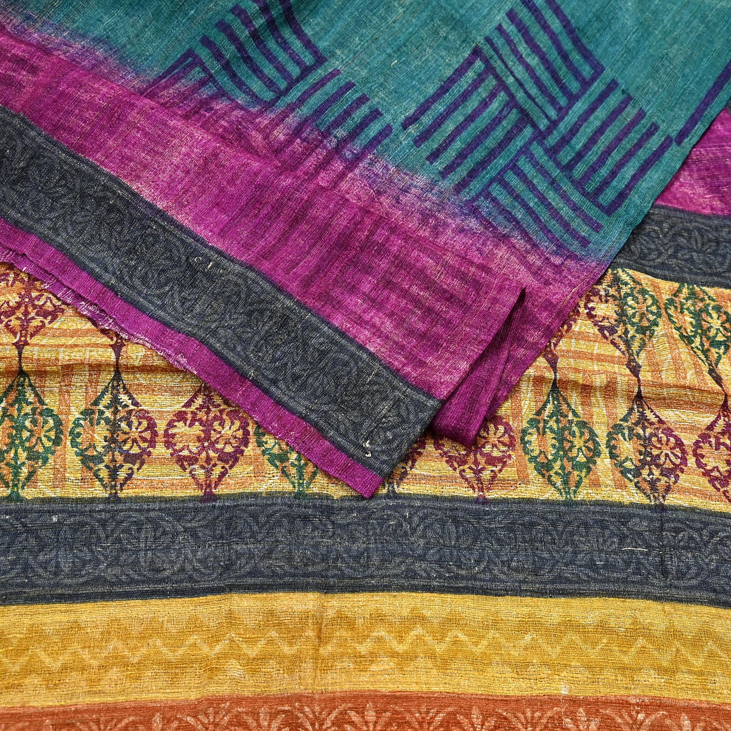 Indian Vintage Green & Purple Dupatta Long Stole 100% Pure Khadi Silk Hand Woven/ Printed Scarves Veil Scarf Wrap Hippie Fringes