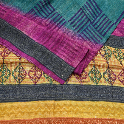 Indian Vintage Green & Purple Dupatta Long Stole 100% Pure Khadi Silk Hand Woven/ Printed Scarves Veil Scarf Wrap Hippie Fringes