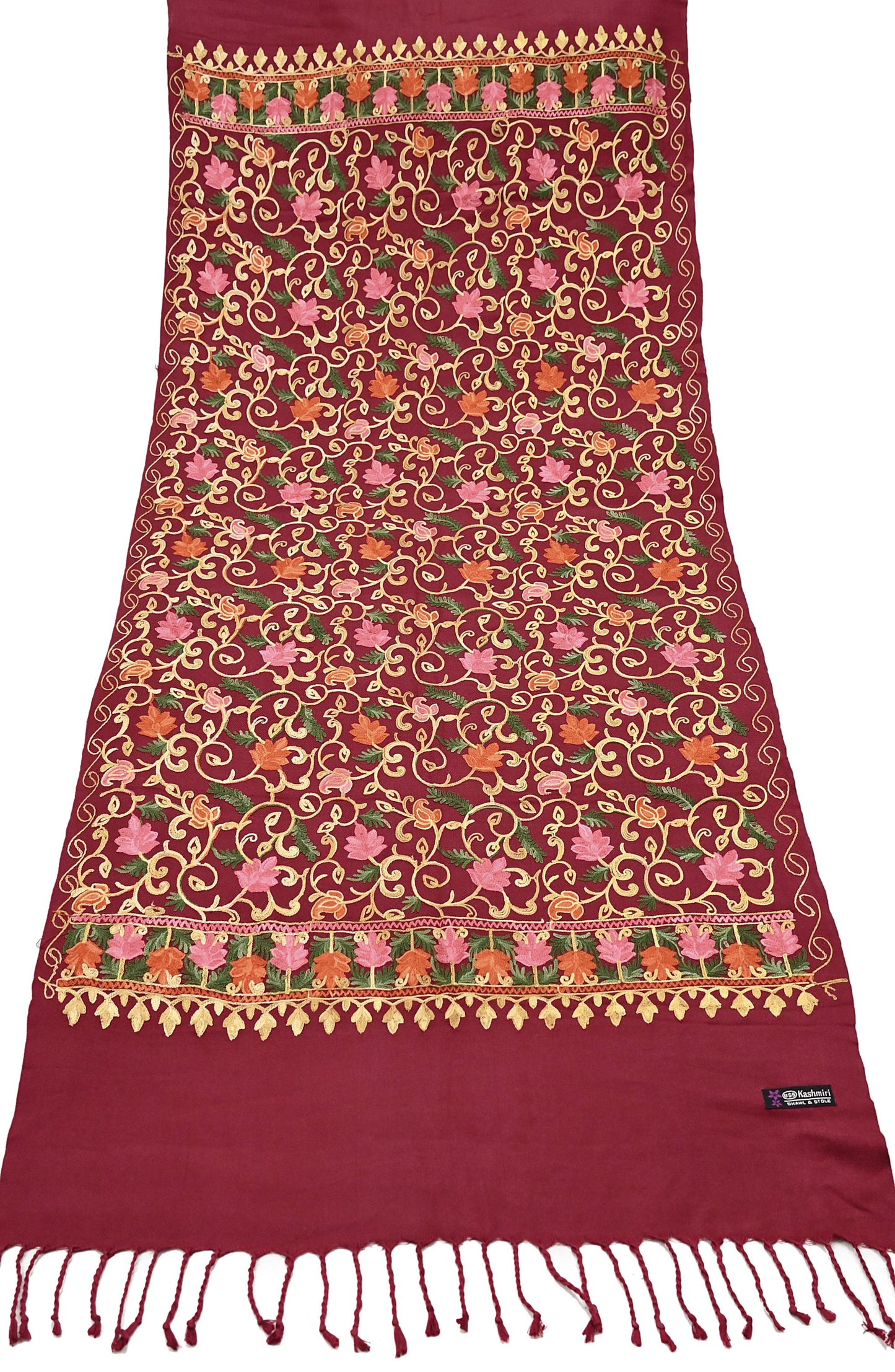 Vintage Stole maroon woolen Handmade Ari work Long Throw Warm Stole Floral Design Fringes