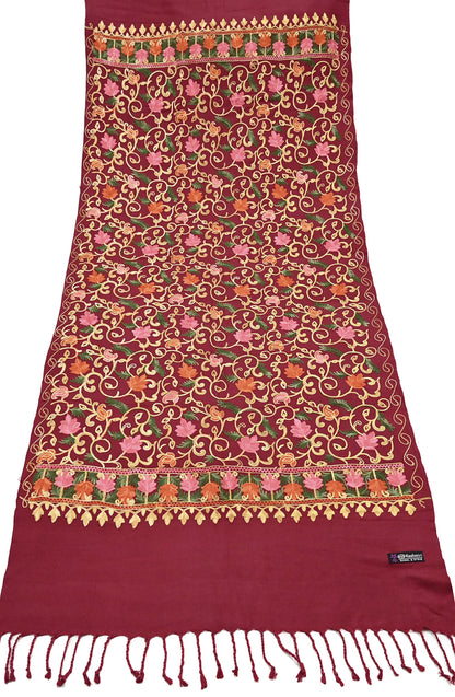Vintage Stole maroon woolen Handmade Ari work Long Throw Warm Stole Floral Design Fringes