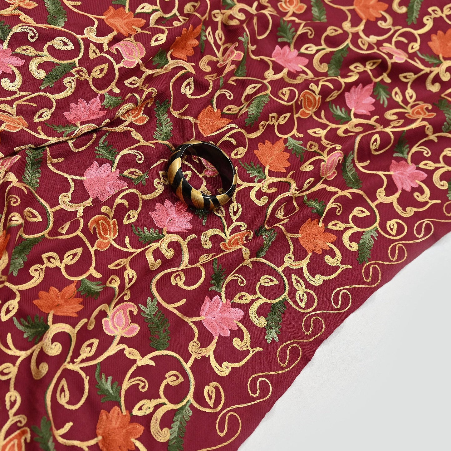 Vintage Stole maroon woolen Handmade Ari work Long Throw Warm Stole Floral Design Fringes