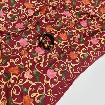 Vintage Stole maroon woolen Handmade Ari work Long Throw Warm Stole Floral Design Fringes