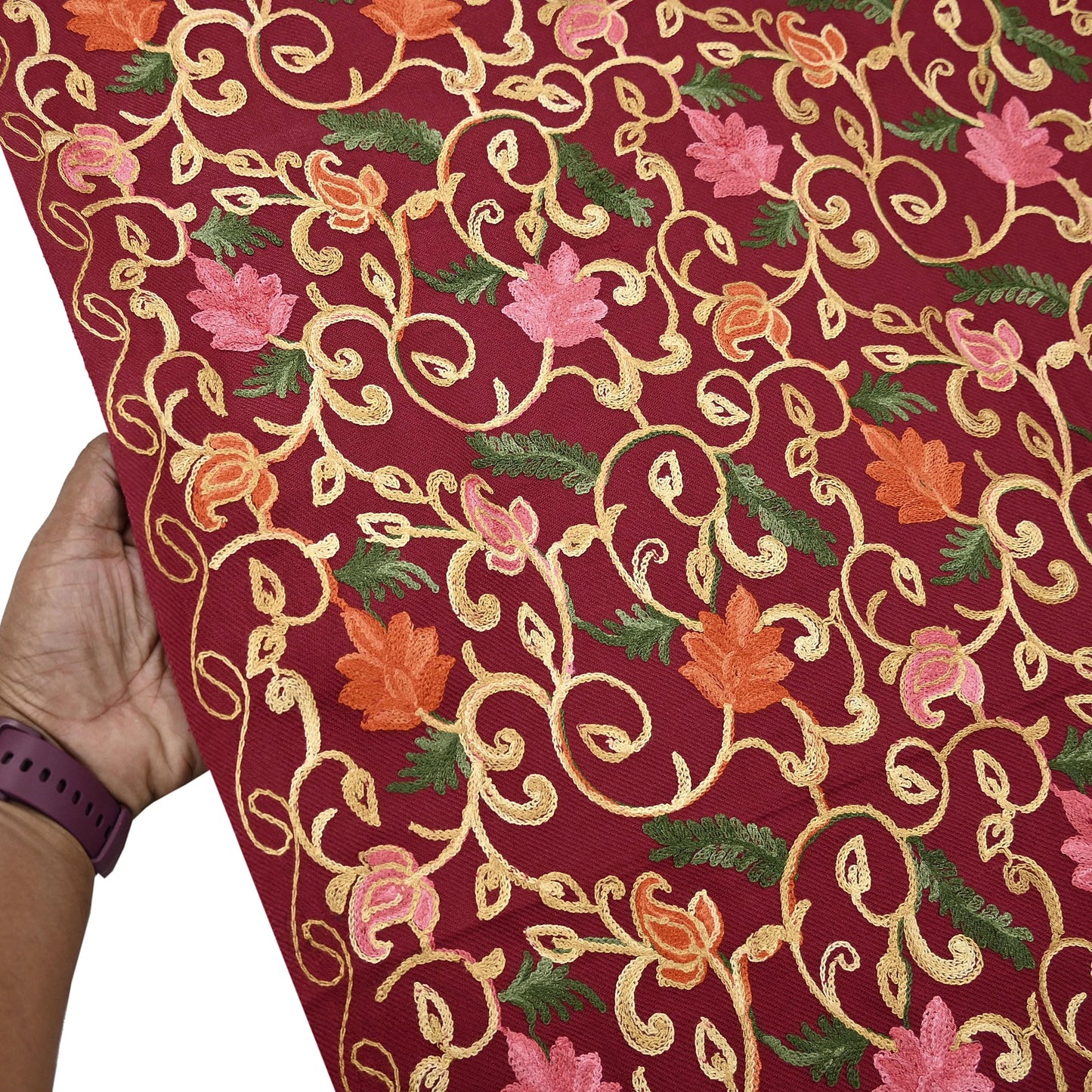 Vintage Stole maroon woolen Handmade Ari work Long Throw Warm Stole Floral Design Fringes