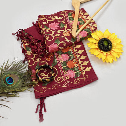 Vintage Stole maroon woolen Handmade Ari work Long Throw Warm Stole Floral Design Fringes