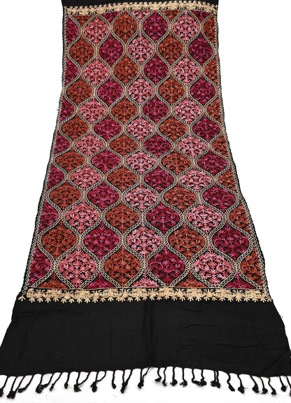 Vintage Stole Black woolen Handmade Ari work Long Throw Warm Stole Floral Design Fringes