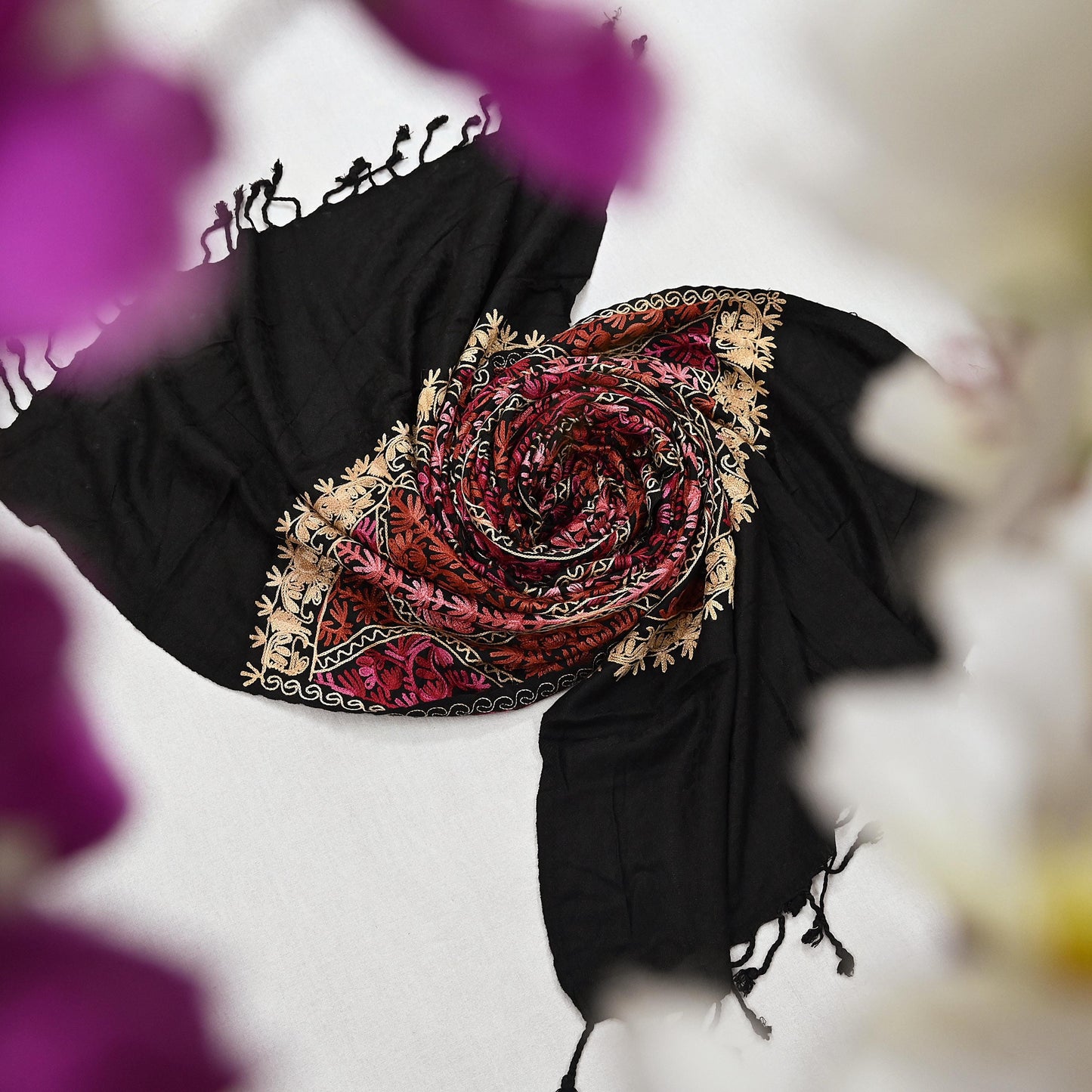 Vintage Stole Black woolen Handmade Ari work Long Throw Warm Stole Floral Design Fringes