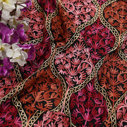 Vintage Stole Black woolen Handmade Ari work Long Throw Warm Stole Floral Design Fringes