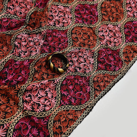 Vintage Stole Black woolen Handmade Ari work Long Throw Warm Stole Floral Design Fringes