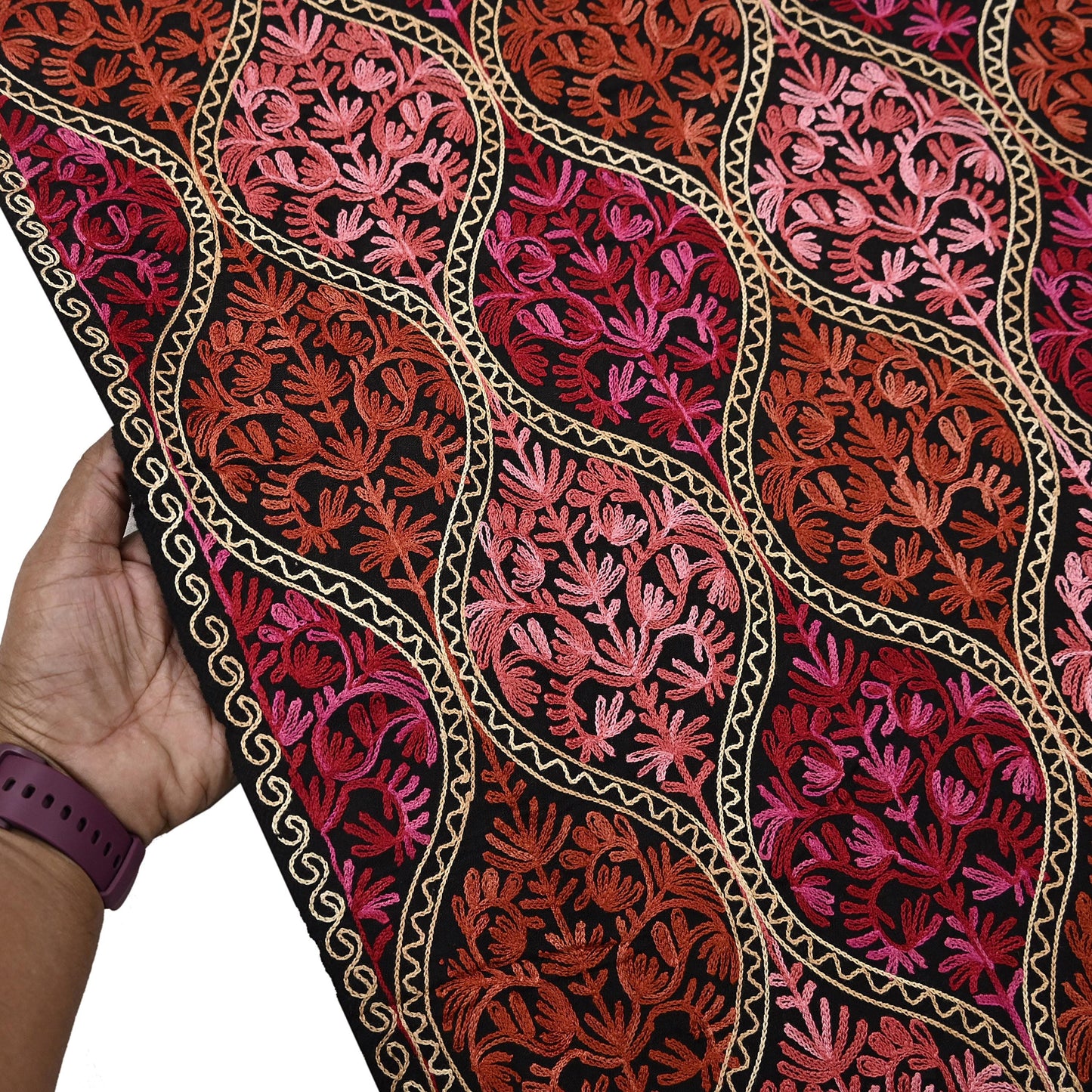 Vintage Stole Black woolen Handmade Ari work Long Throw Warm Stole Floral Design Fringes