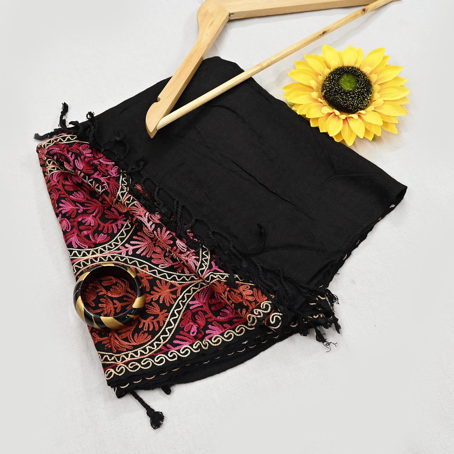 Vintage Stole Black woolen Handmade Ari work Long Throw Warm Stole Floral Design Fringes