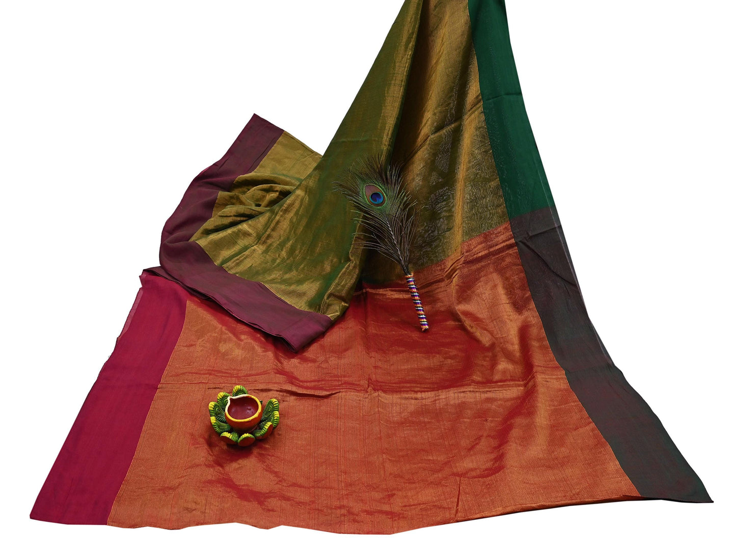 Indian Vintage Heavy Green & Maoon Woven Kanjivaram Saree 100% Pure Silk Sari Zari 5Yard Paisley Dress making Crafting Quilting Upcycle