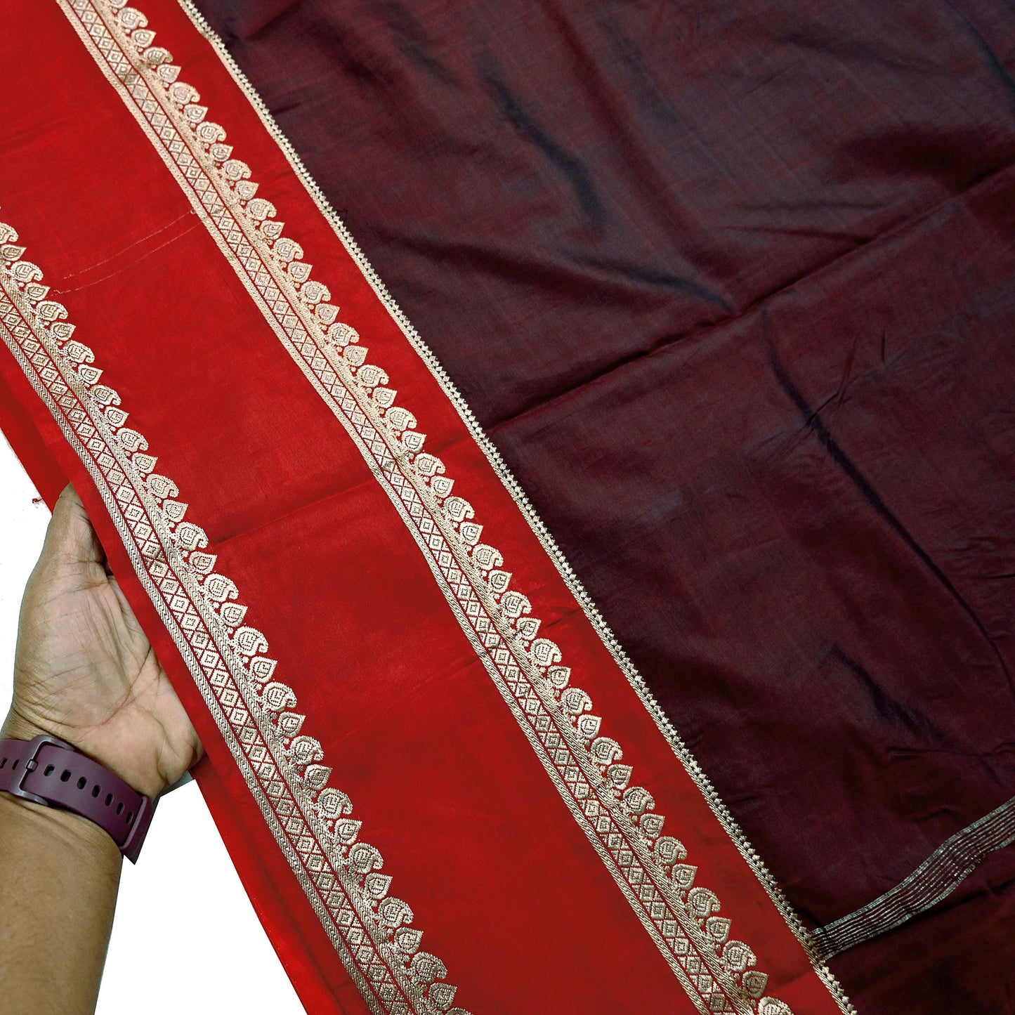 Indian Vintage Sari  Red & Maroon Mysore Silk Woven Saree with Zari Border 5 Yards Soft Craft Fabric Upcycle, Quilting, Dressmaking
