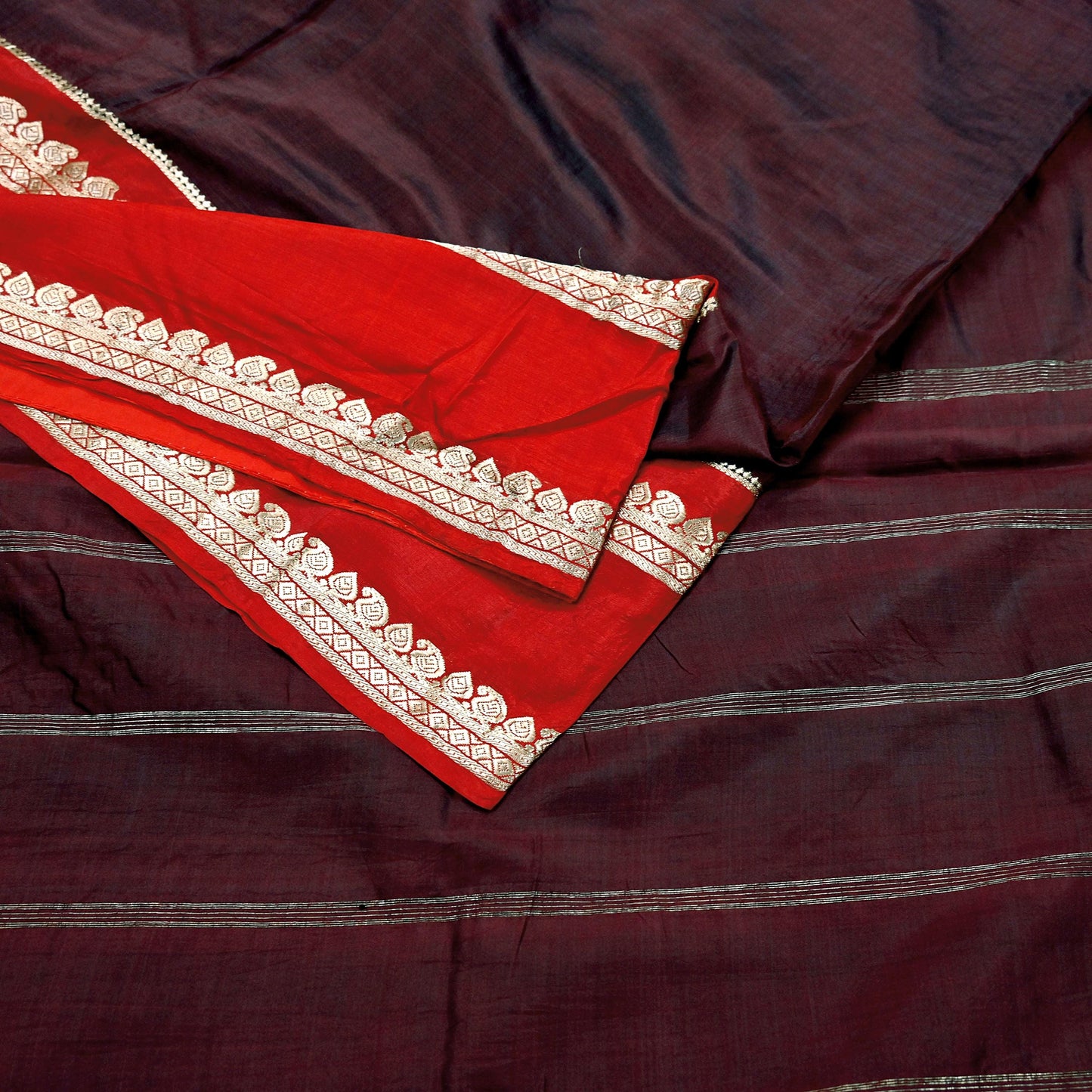 Indian Vintage Sari  Red & Maroon Mysore Silk Woven Saree with Zari Border 5 Yards Soft Craft Fabric Upcycle, Quilting, Dressmaking